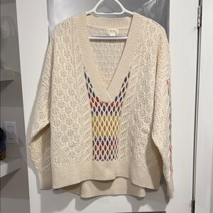 Anthropologie Cream V-Neck Sweater with Colorful Pattern